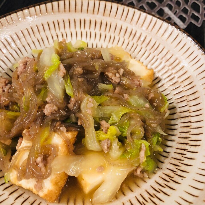 ひき肉と厚揚げと糸こんにゃくの中華風とろみ煮